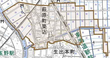 萩原町築込とその周辺の地図。町の範囲を重ねている