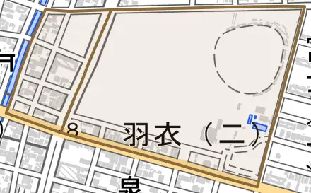 羽衣とその周辺の地図。町の範囲を重ねている