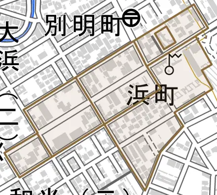 浜町とその周辺の地図。町の範囲を重ねている