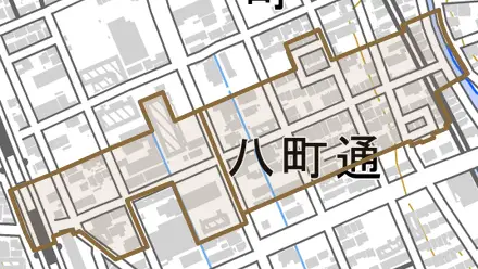 八町通とその周辺の地図。町の範囲を重ねている