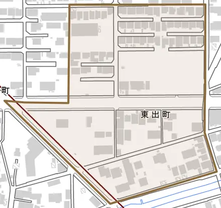 東出町とその周辺の地図。町の範囲を重ねている