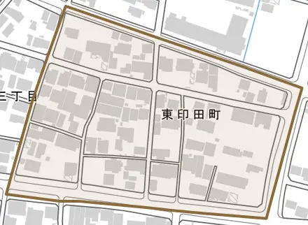 東印田町とその周辺の地図。町の範囲を重ねている