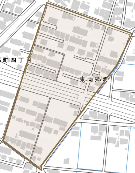 東両郷町とその周辺の地図。町の範囲を重ねている