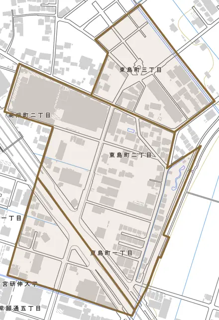 東島町とその周辺の地図。町の範囲を重ねている