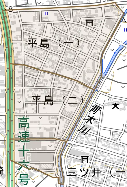 平島とその周辺の地図。町の範囲を重ねている