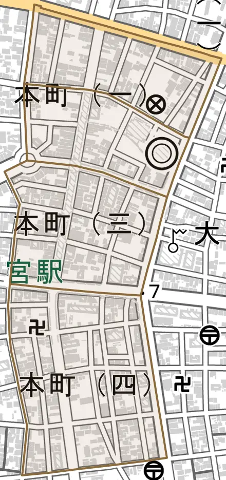 本町とその周辺の地図。町の範囲を重ねている