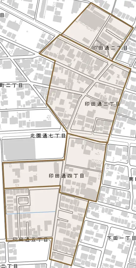 印田通とその周辺の地図。町の範囲を重ねている