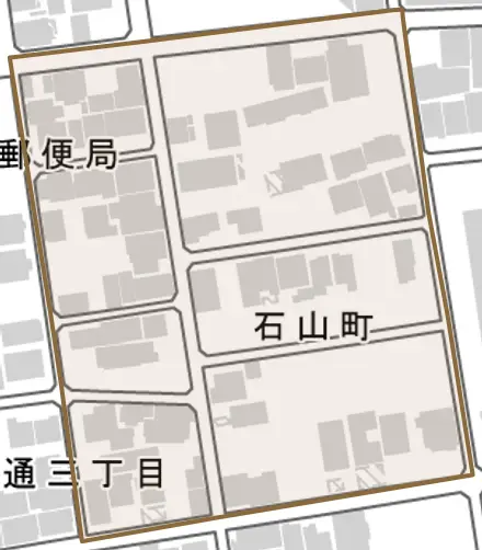 石山町とその周辺の地図。町の範囲を重ねている