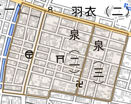 泉とその周辺の地図。町の範囲を重ねている