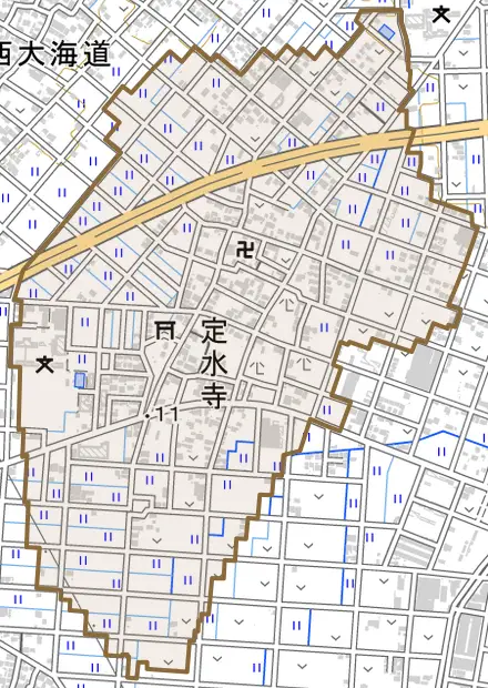 定水寺とその周辺の地図。町の範囲を重ねている