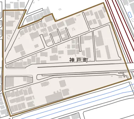 神戸町とその周辺の地図。町の範囲を重ねている