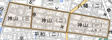 神山とその周辺の地図。町の範囲を重ねている