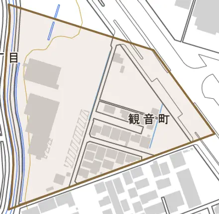 観音町とその周辺の地図。町の範囲を重ねている