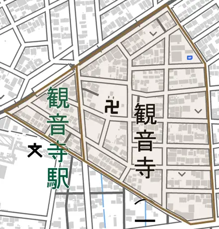 観音寺とその周辺の地図。町の範囲を重ねている
