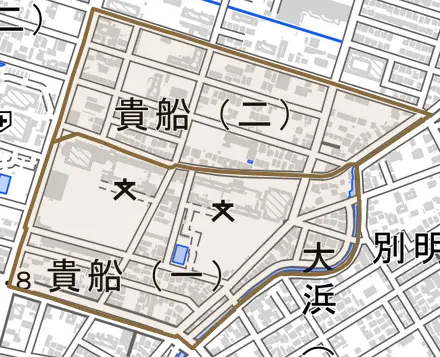 貴船とその周辺の地図。町の範囲を重ねている