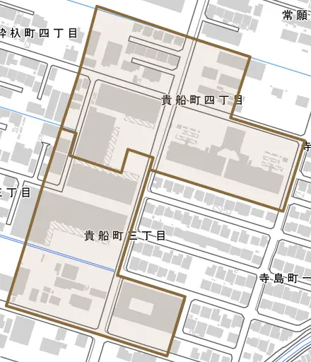 貴船町とその周辺の地図。町の範囲を重ねている