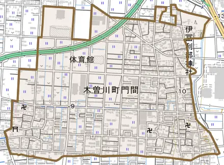 木曽川町門間とその周辺の地図。町の範囲を重ねている