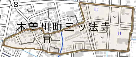 木曽川町三ツ法寺とその周辺の地図。町の範囲を重ねている