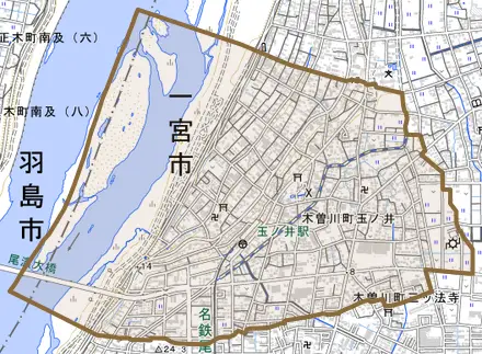 木曽川町玉ノ井とその周辺の地図。町の範囲を重ねている