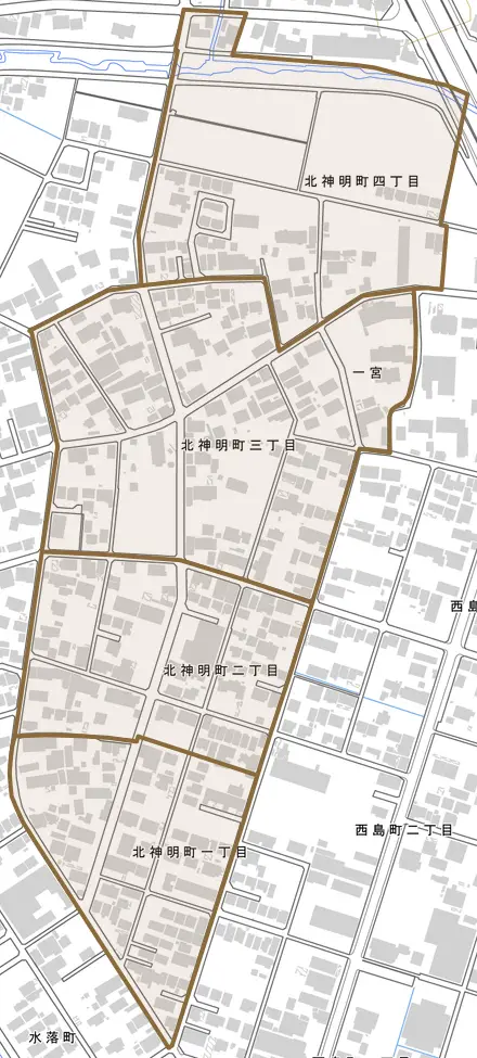 北神明町とその周辺の地図。町の範囲を重ねている