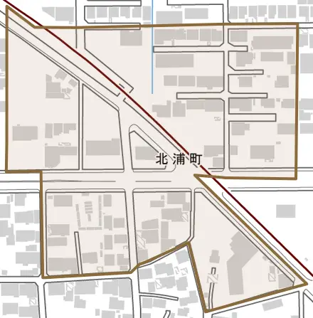 北浦町とその周辺の地図。町の範囲を重ねている