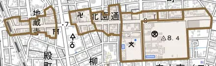 北園通とその周辺の地図。町の範囲を重ねている