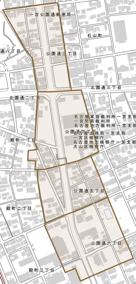 公園通とその周辺の地図。町の範囲を重ねている