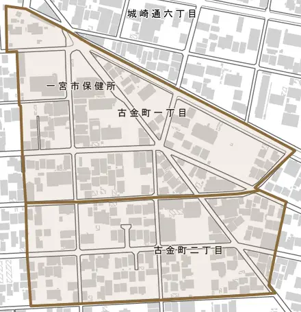 古金町とその周辺の地図。町の範囲を重ねている