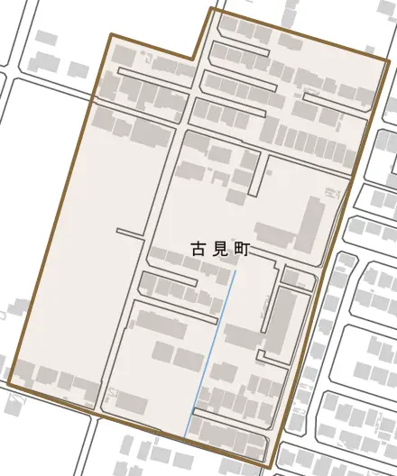 古見町とその周辺の地図。町の範囲を重ねている