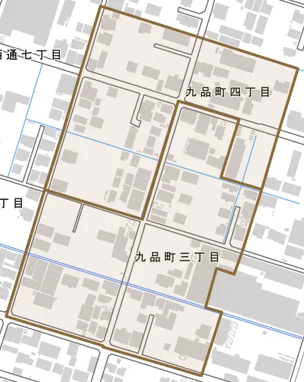 九品町とその周辺の地図。町の範囲を重ねている