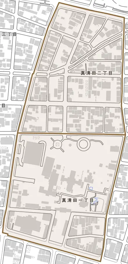 真清田とその周辺の地図。町の範囲を重ねている