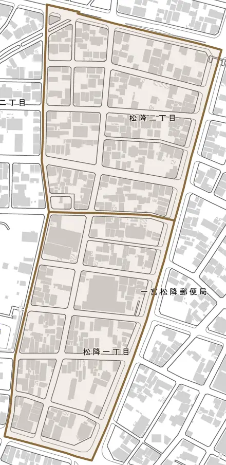 松降とその周辺の地図。町の範囲を重ねている