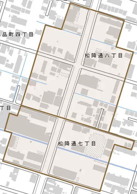 松降通とその周辺の地図。町の範囲を重ねている