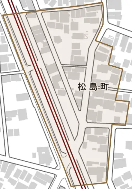 松島町とその周辺の地図。町の範囲を重ねている