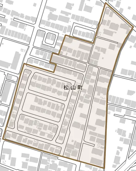 松山町とその周辺の地図。町の範囲を重ねている
