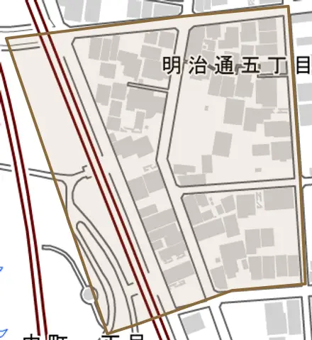 明治通とその周辺の地図。町の範囲を重ねている