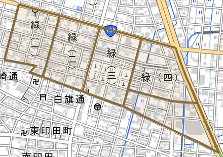 緑とその周辺の地図。町の範囲を重ねている