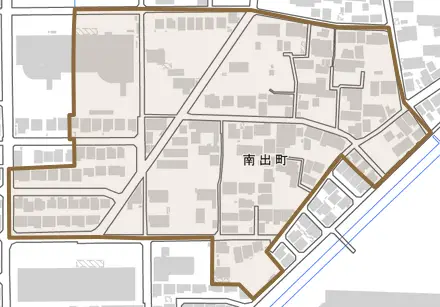 南出町とその周辺の地図。町の範囲を重ねている