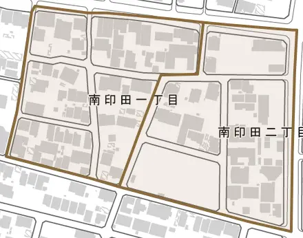 南印田とその周辺の地図。町の範囲を重ねている