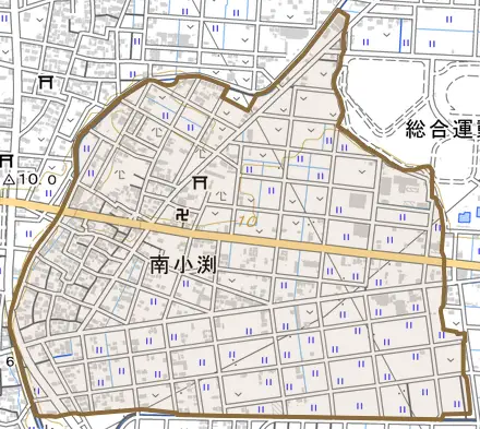 南小渕とその周辺の地図。町の範囲を重ねている
