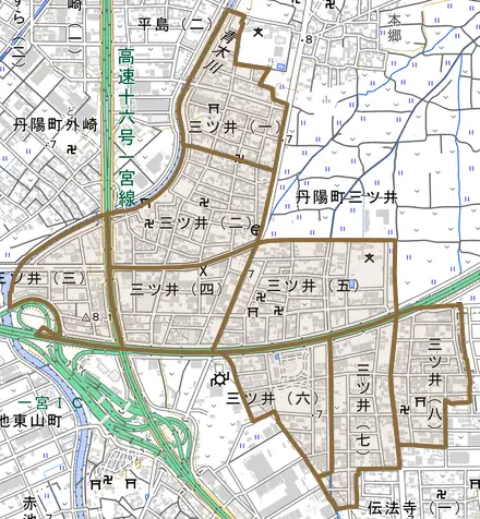 三ツ井とその周辺の地図。町の範囲を重ねている