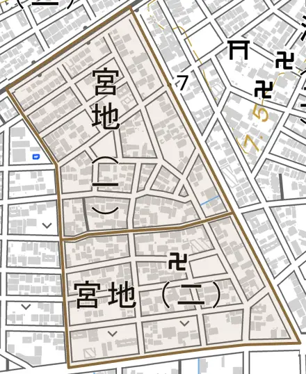 宮地とその周辺の地図。町の範囲を重ねている
