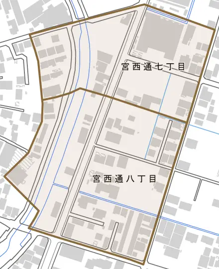 宮西通とその周辺の地図。町の範囲を重ねている