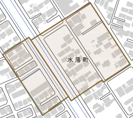 水落町とその周辺の地図。町の範囲を重ねている