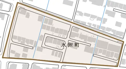 水附町とその周辺の地図。町の範囲を重ねている