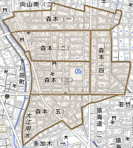 森本とその周辺の地図。町の範囲を重ねている