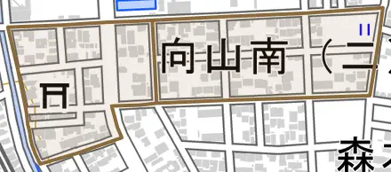 向山南とその周辺の地図。町の範囲を重ねている
