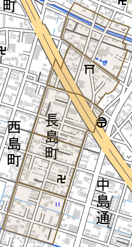 長島町とその周辺の地図。町の範囲を重ねている