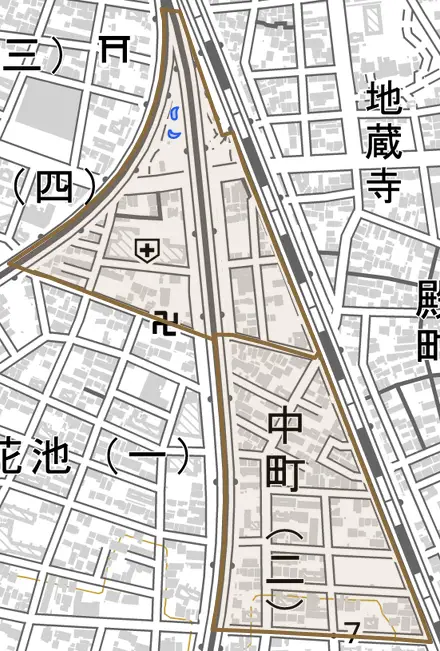 中町とその周辺の地図。町の範囲を重ねている