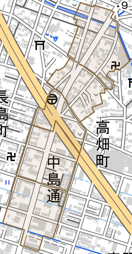 中島通とその周辺の地図。町の範囲を重ねている